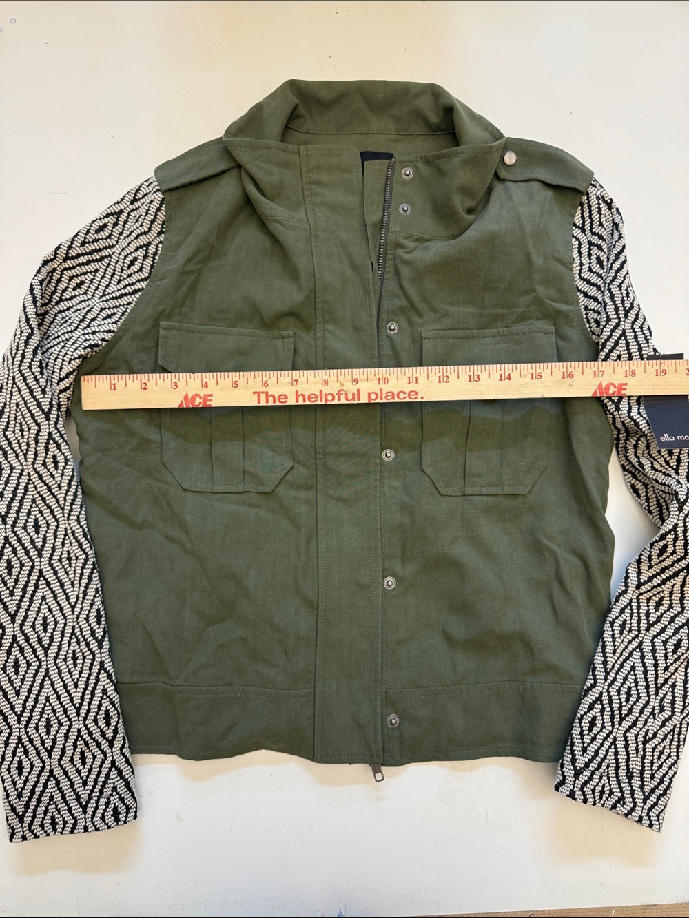 Ella Moss Olive Green Military Jacket with Black-and-White Patterned Sleeves